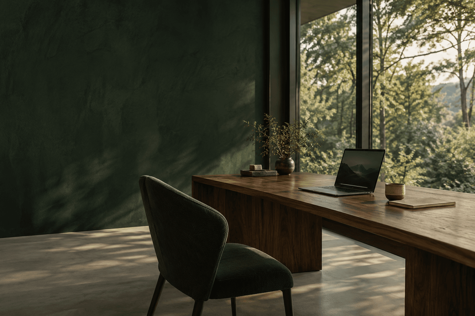 An illustrative quiet workspace with a laptop, natural light, and a forest-green wall